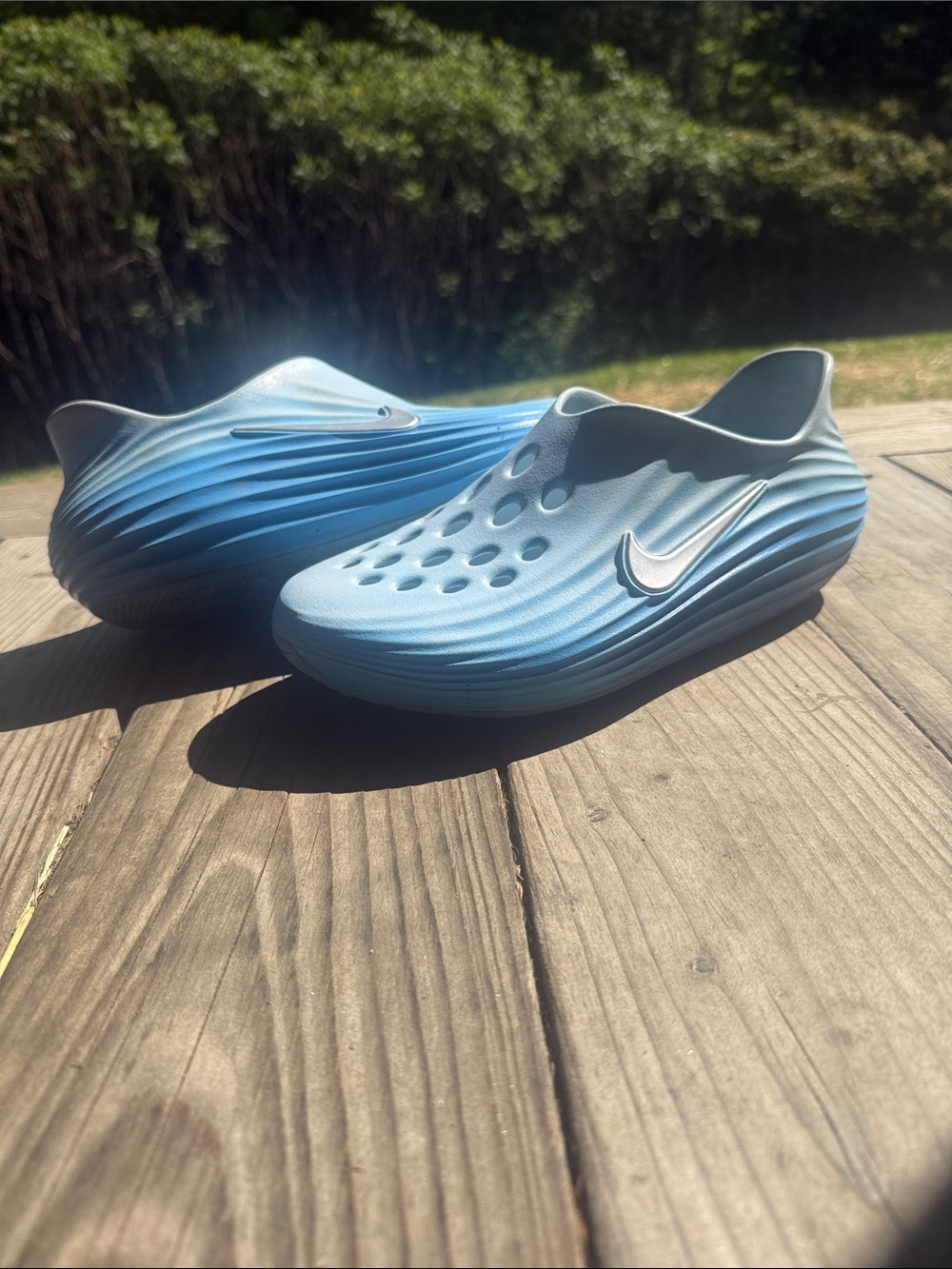 Nike Sky Blue Slip-On Foam Clogs with Perforated Upper